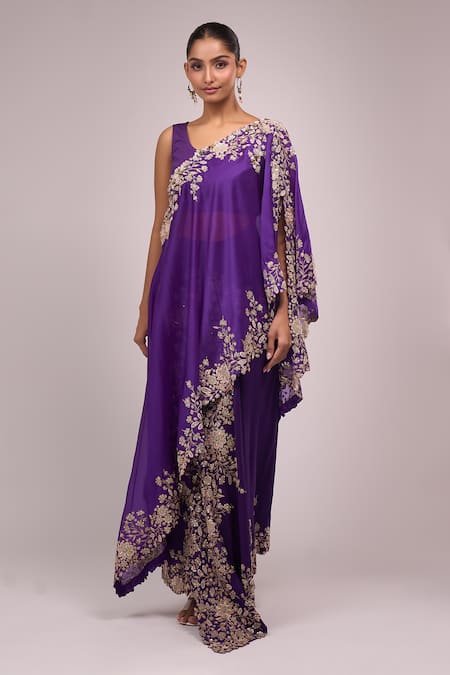 Buy_Anamika Khanna_Purple Embroidery Round Neck Draped Skirt Set _Online_at_Aza_Fashions