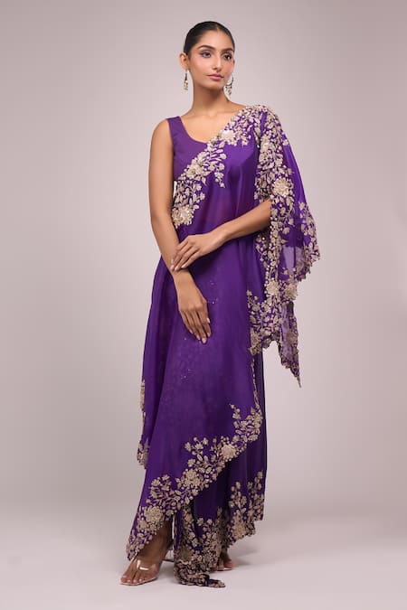 Shop_Anamika Khanna_Purple Embroidery Round Neck Draped Skirt Set _Online_at_Aza_Fashions