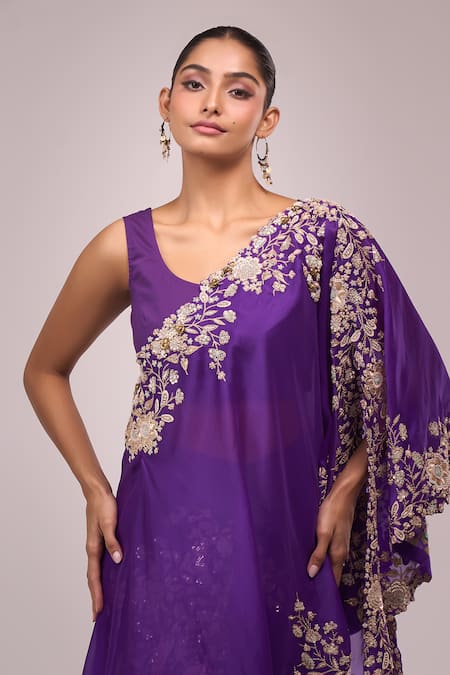 Buy_Anamika Khanna_Purple Embroidery Round Neck Draped Skirt Set 