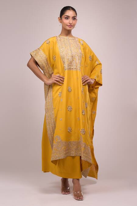 Buy_Anamika Khanna_Mustard Embroidery Round Neck Skirt Set _Online_at_Aza_Fashions