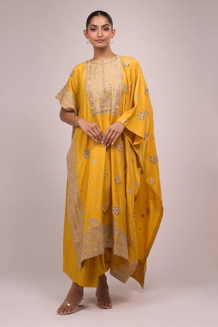 Shop_Anamika Khanna_Mustard Embroidery Round Neck Skirt Set _Online_at_Aza_Fashions