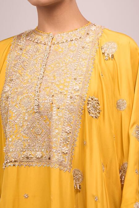 Anamika Khanna_Mustard Embroidery Round Neck Skirt Set _at_Aza_Fashions