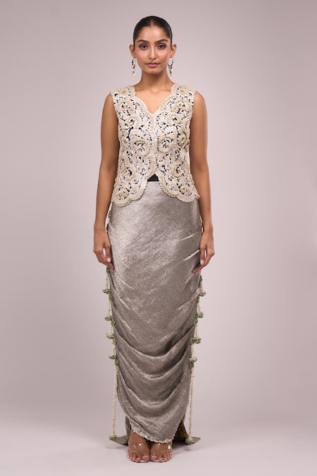 Anamika Khanna_Gray Embroidery Round Neck Grey Skirt Set _Online_at_Aza_Fashions
