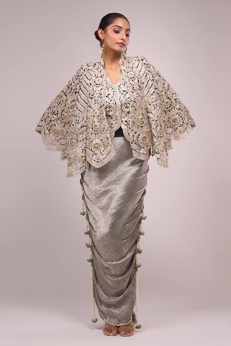 Buy_Anamika Khanna_Gray Embroidery Round Neck Grey Skirt Set _Online_at_Aza_Fashions