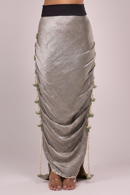 Anamika Khanna_Gray Embroidery Round Neck Grey Skirt Set _at_Aza_Fashions