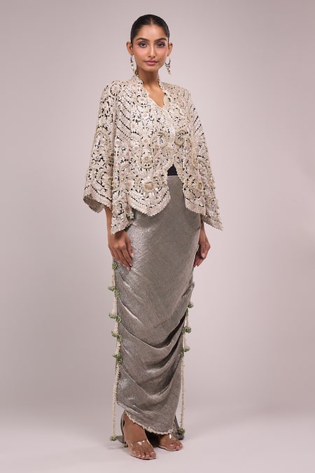 Buy_Anamika Khanna_Gray Embroidery Round Neck Grey Skirt Set 