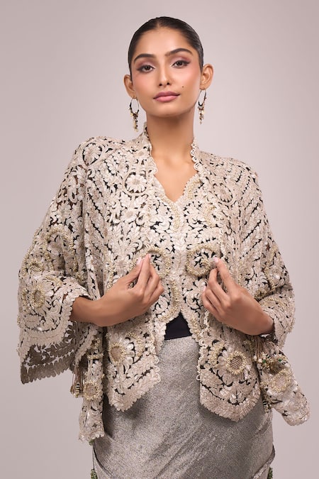 Shop_Anamika Khanna_Gray Embroidery Round Neck Grey Skirt Set 