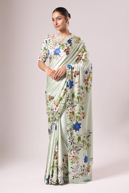 Anamika Khanna_Blue Cotton Embroidery, Beads Round Neck Light Floral Printed Saree Set _Online_at_Aza_Fashions