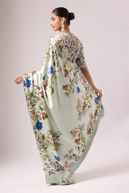 Anamika Khanna Light Blue Floral Printed Saree Set 