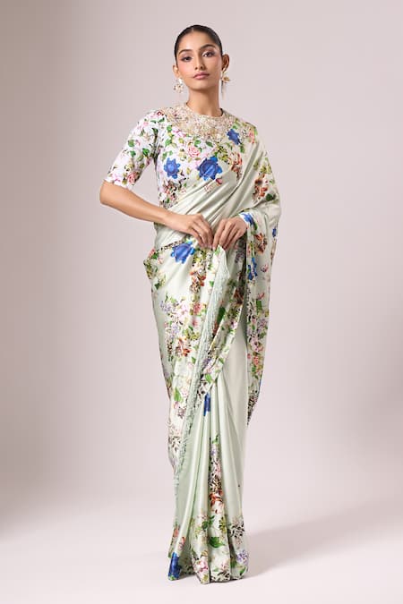 Buy_Anamika Khanna_Blue Cotton Embroidery, Beads Round Neck Light Floral Printed Saree Set _Online_at_Aza_Fashions