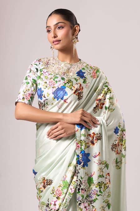 Shop_Anamika Khanna_Blue Cotton Embroidery, Beads Round Neck Light Floral Printed Saree Set _Online_at_Aza_Fashions