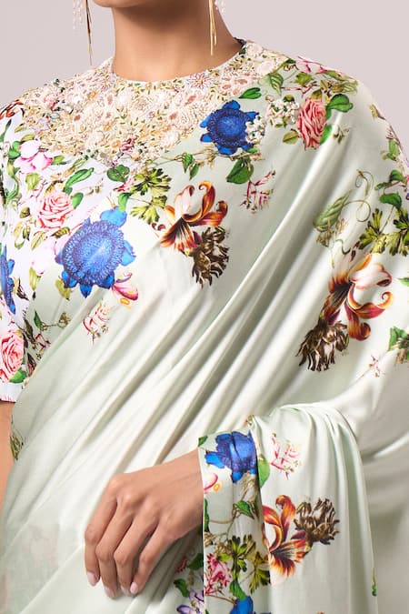 Anamika Khanna_Blue Cotton Embroidery, Beads Round Neck Light Floral Printed Saree Set _at_Aza_Fashions