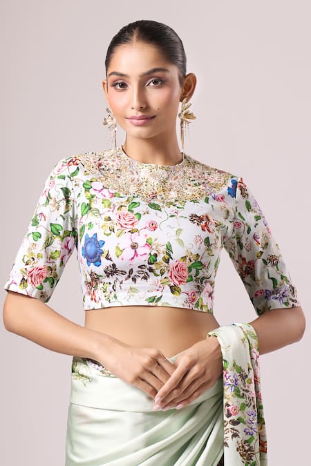 Buy_Anamika Khanna_Blue Cotton Embroidery, Beads Round Neck Light Floral Printed Saree Set 