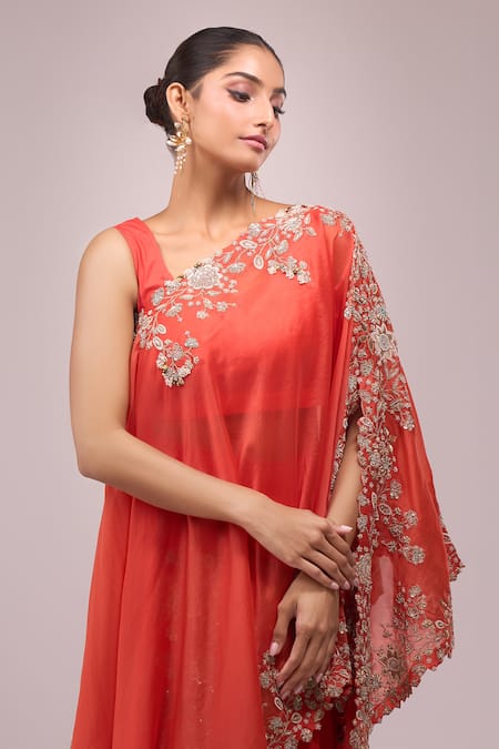Anamika Khanna_Coral Chiffon Embroidery Round Neck Draped Skirt Set _Online_at_Aza_Fashions