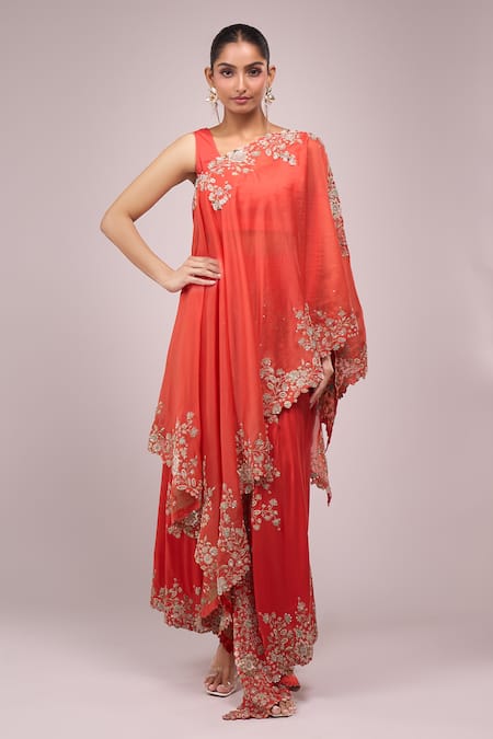 Buy_Anamika Khanna_Coral Chiffon Embroidery Round Neck Draped Skirt Set _Online_at_Aza_Fashions