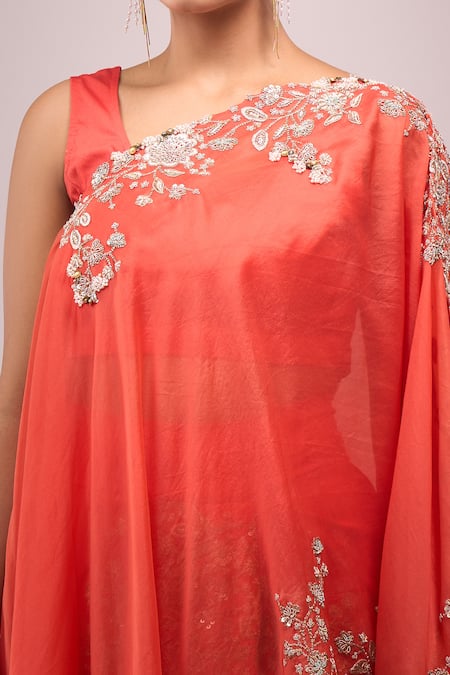 Shop_Anamika Khanna_Coral Chiffon Embroidery Round Neck Draped Skirt Set _Online_at_Aza_Fashions