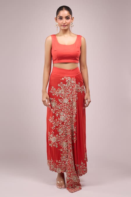 Anamika Khanna_Coral Chiffon Embroidery Round Neck Draped Skirt Set _at_Aza_Fashions