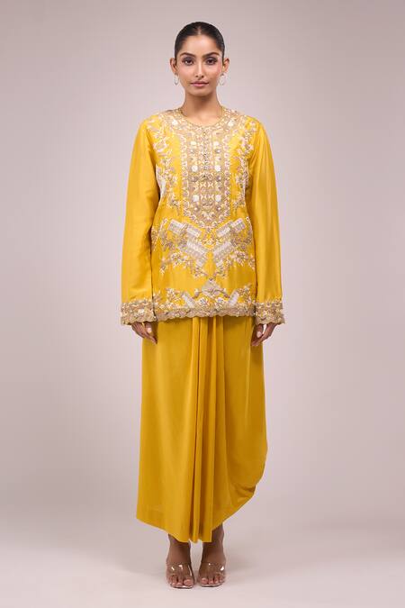 Buy Anamika Khanna Mustard Silk Embroidery, Sequins Round Neck Kurta Set Online at Aza Fashions Buy_Anamika Khanna_Mustard Silk Embroidery, Sequins Round Neck Kurta Set_Online_at_Aza_Fashions