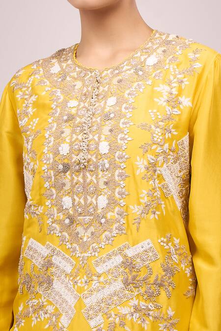 Shop Anamika Khanna Mustard Silk Embroidery, Sequins Round Neck Kurta Set Online at Aza Fashions Shop_Anamika Khanna_Mustard Silk Embroidery, Sequins Round Neck Kurta Set_Online_at_Aza_Fashions