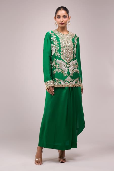 Buy_Anamika Khanna_Emerald Green Embroidery Round Neck Kurta Set _Online_at_Aza_Fashions