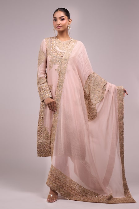 Anamika Khanna_Pink Beads, Embroidery Round Neck Kurta Set _Online_at_Aza_Fashions