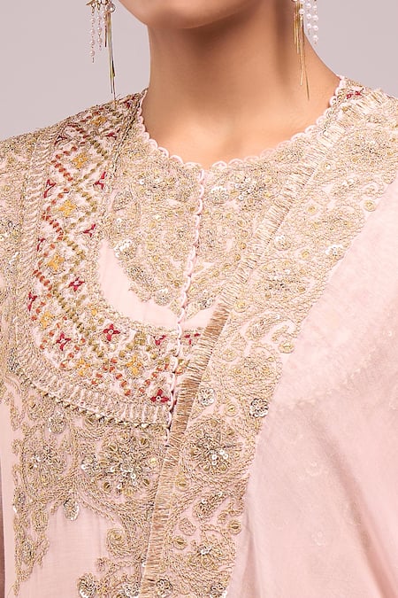 Buy_Anamika Khanna_Pink Beads, Embroidery Round Neck Kurta Set _Online_at_Aza_Fashions