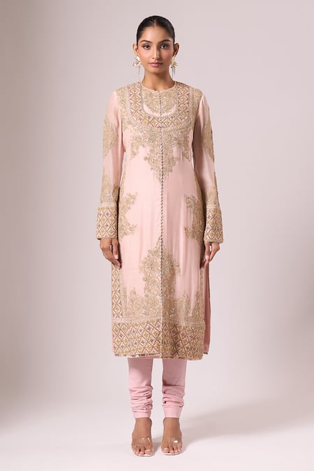 Shop_Anamika Khanna_Pink Beads, Embroidery Round Neck Kurta Set _Online_at_Aza_Fashions