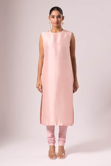 Anamika Khanna_Pink Beads, Embroidery Round Neck Kurta Set _at_Aza_Fashions