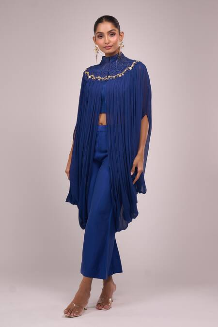 Anamika Khanna_Blue High , Square Indigo Pleated Long Capelet Set _Online_at_Aza_Fashions