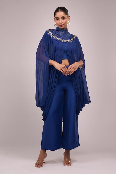 Buy_Anamika Khanna_Blue High , Square Indigo Pleated Long Capelet Set _Online_at_Aza_Fashions