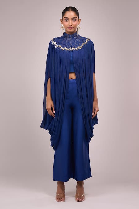 Shop_Anamika Khanna_Blue High , Square Indigo Pleated Long Capelet Set _Online_at_Aza_Fashions