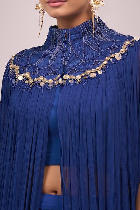 Anamika Khanna_Blue High , Square Indigo Pleated Long Capelet Set _at_Aza_Fashions