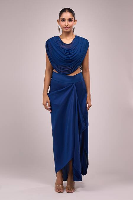 Anamika Khanna_Blue Chiffon Embroidery Round , Open Indigo Skirt Set _Online_at_Aza_Fashions