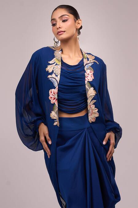 Buy_Anamika Khanna_Blue Chiffon Embroidery Round , Open Indigo Skirt Set _Online_at_Aza_Fashions