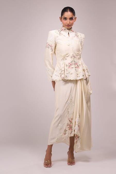 Anamika Khanna_Ivory Embroidery Mandarin Collar Peplum Jacket Set _Online_at_Aza_Fashions