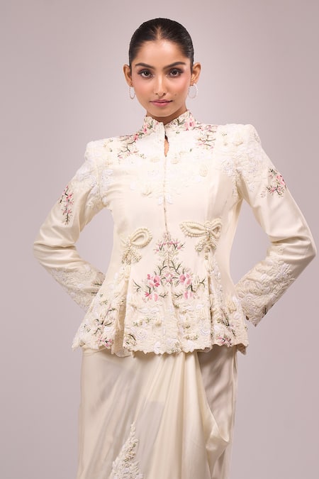 Buy_Anamika Khanna_Ivory Embroidery Mandarin Collar Peplum Jacket Set _Online_at_Aza_Fashions