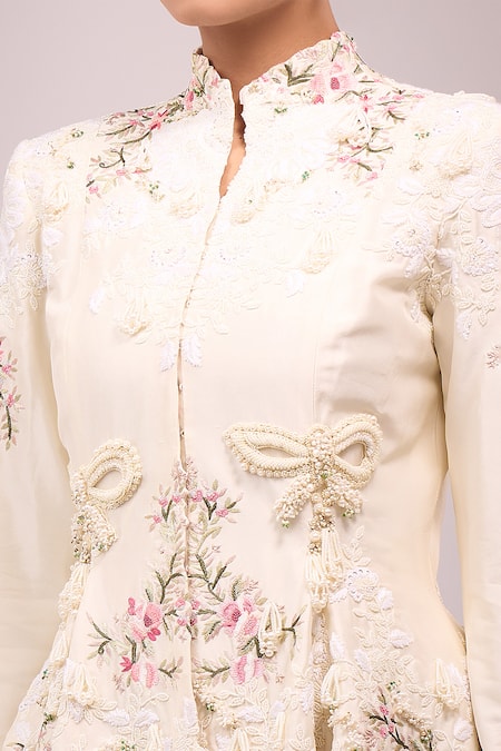 Anamika Khanna_Ivory Embroidery Mandarin Collar Peplum Jacket Set _at_Aza_Fashions
