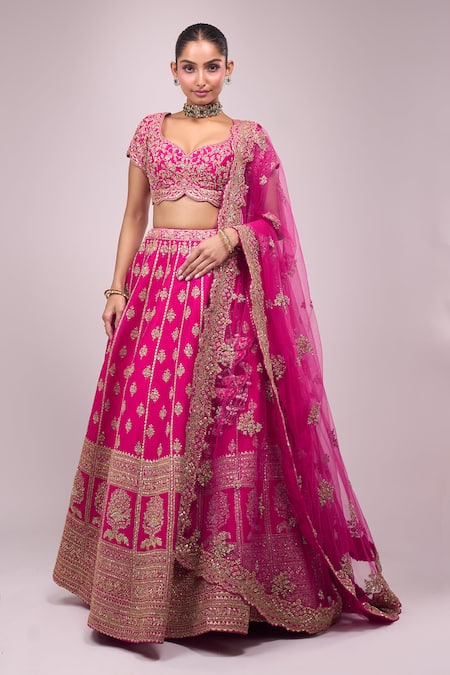 Azeera Pink Silk Sequins, Zari, Embroidery Round Neck Rani Lehenga Set Online at Aza Fashions Azeera_Pink Silk Sequins, Zari, Embroidery Round Neck Rani Lehenga Set _Online_at_Aza_Fashions