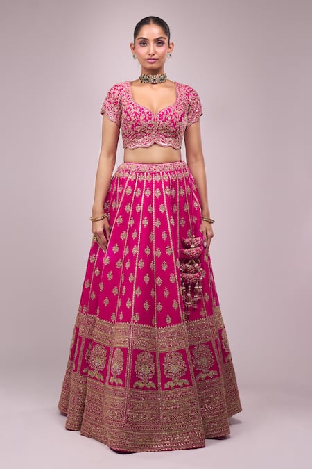 Buy Azeera Pink Silk Sequins, Zari, Embroidery Round Neck Rani Lehenga Set Online at Aza Fashions Buy_Azeera_Pink Silk Sequins, Zari, Embroidery Round Neck Rani Lehenga Set _Online_at_Aza_Fashions