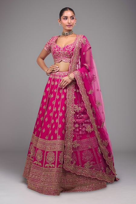 Azeera Pink Silk Sequins, Zari, Embroidery Round Neck Rani Lehenga Set