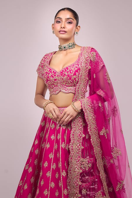 Shop Azeera Pink Silk Sequins, Zari, Embroidery Round Neck Rani Lehenga Set Online at Aza Fashions Shop_Azeera_Pink Silk Sequins, Zari, Embroidery Round Neck Rani Lehenga Set _Online_at_Aza_Fashions
