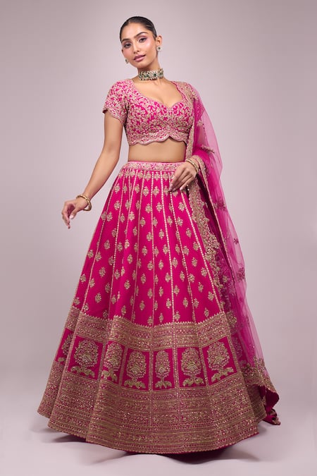 Shop Azeera Pink Silk Sequins, Zari, Embroidery Round Neck Rani Lehenga Set Shop_Azeera_Pink Silk Sequins, Zari, Embroidery Round Neck Rani Lehenga Set