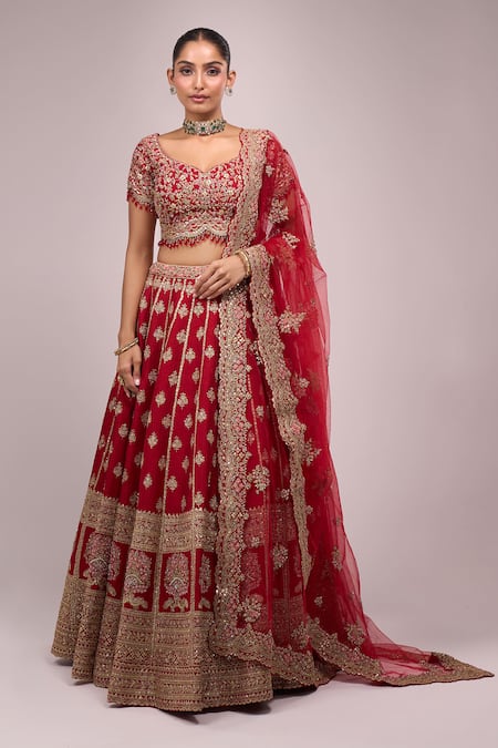 Azeera_Red Embroidery Round Neck Lehenga Set _Online_at_Aza_Fashions
