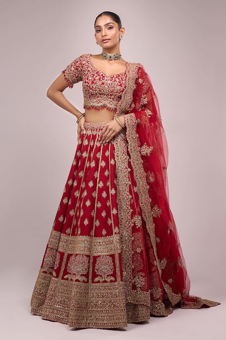 Buy_Azeera_Red Embroidery Round Neck Lehenga Set _Online_at_Aza_Fashions
