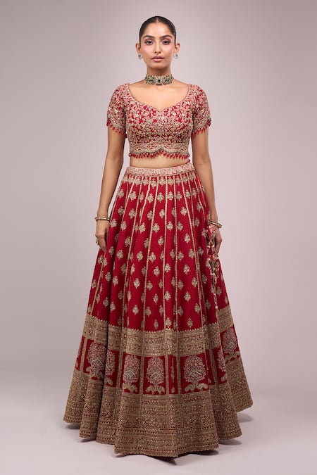 Shop_Azeera_Red Embroidery Round Neck Lehenga Set _Online_at_Aza_Fashions
