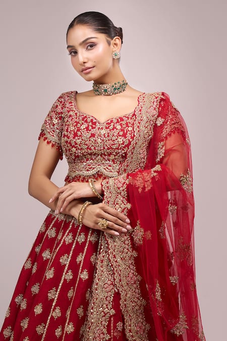 Azeera_Red Embroidery Round Neck Lehenga Set _at_Aza_Fashions