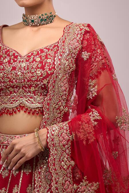 Shop_Azeera_Red Embroidery Round Neck Lehenga Set 