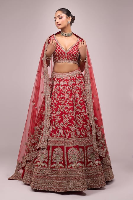 Azeera_Red Chiffon Tassels, Embroidery Round Neck Lehenga Set _Online_at_Aza_Fashions