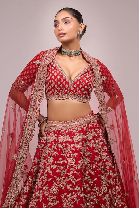 Buy_Azeera_Red Chiffon Tassels, Embroidery Round Neck Lehenga Set _Online_at_Aza_Fashions