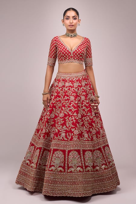 Shop_Azeera_Red Chiffon Tassels, Embroidery Round Neck Lehenga Set _Online_at_Aza_Fashions